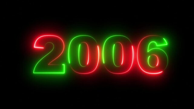 New Year 2006 animated. 2006 number neon text black background animation. Neon light countdown 2006 Sal number icon background 4K animation.