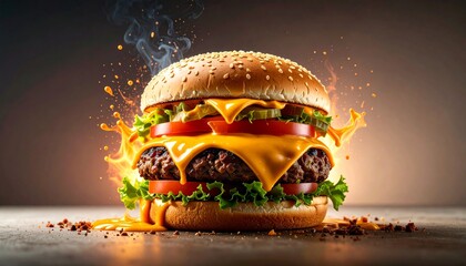 Juicy beef burger with melted cheese, fresh lettuce, and tomato, sizzling with fiery flames and smoke.