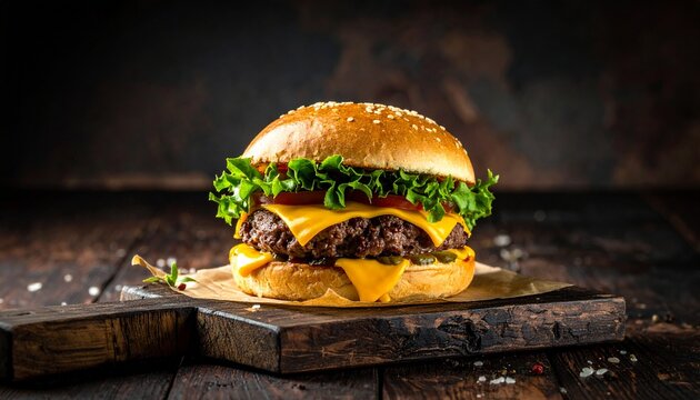 Juicy gourmet burger with melted cheddar cheese, fresh lettuce, and tomato on a sesame seed bun