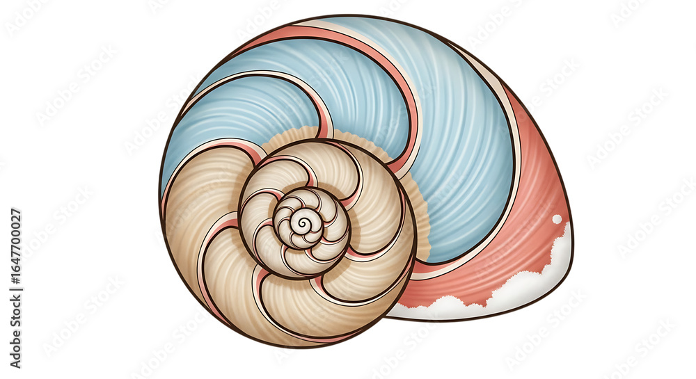 Poster colorful spiral shell illustration with intricate patterns on a transparent background for creative 