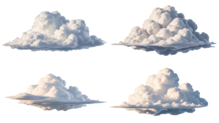 Collection of Realistic Cumulus Clouds Isolated on Black Background with Reflective Surfaces