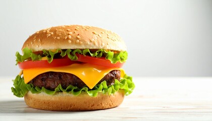 Juicy cheeseburger with fresh lettuce and tomato on a sesame seed bun, ready to be devoured
