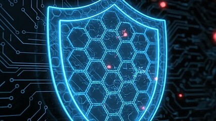 Cyber shield with a hexagonal pattern highlighted in neon blue contrasted against a dark circuit board background with red dots