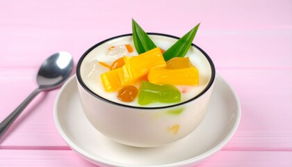 Refreshing dessert with vibrant jellies and creamy coconut milk served in a bowl with a spoon