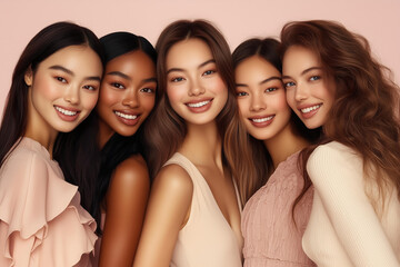 Obraz premium Group of diversity beauty models. Multicultural women with natural makeup and clean skin, international girls together. Portrait of different race female persons