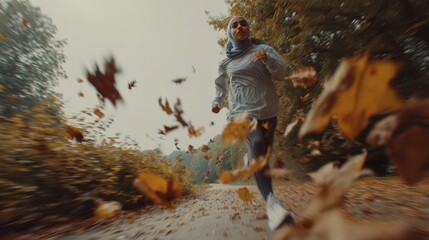 Obraz premium Sports motivation: woman running through autumn leaves