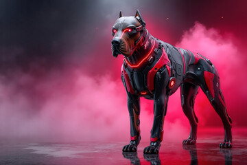 Naklejka premium A dog in a red and black suit standing in front of a red background