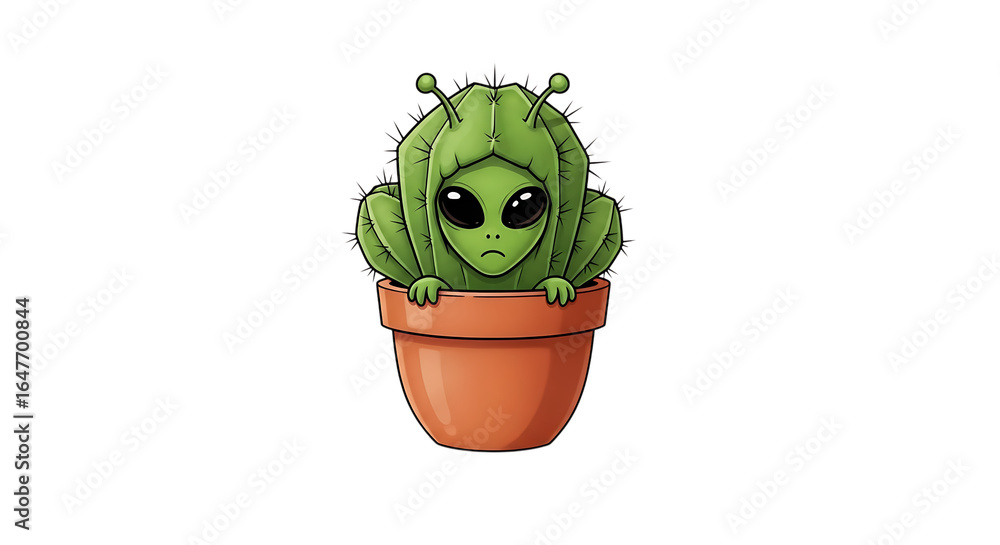 Poster Cactus creature with alien features in a terracotta pot isolated on transparent background