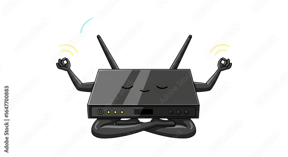 Poster cute black wireless router character meditating with extended antennas isolated on transparent backg