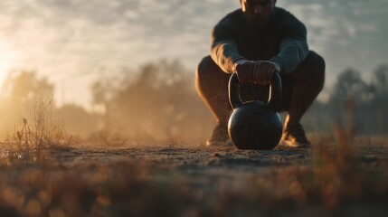Sports strength training at sunrise with kettlebell focus