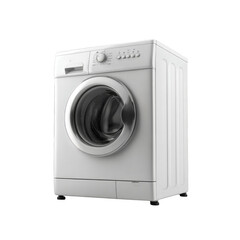 A white washing machine with a silver door