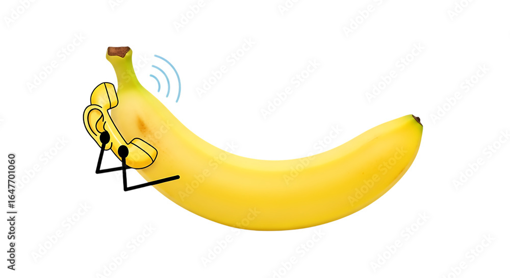 Poster funny banana character talking on a phone with a playful expression against a transparent background