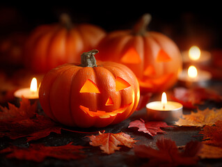 Fototapeta premium Halloween pumpkins and candles create a warm, inviting atmosphere with autumn leaves and a spooky, festive mood.