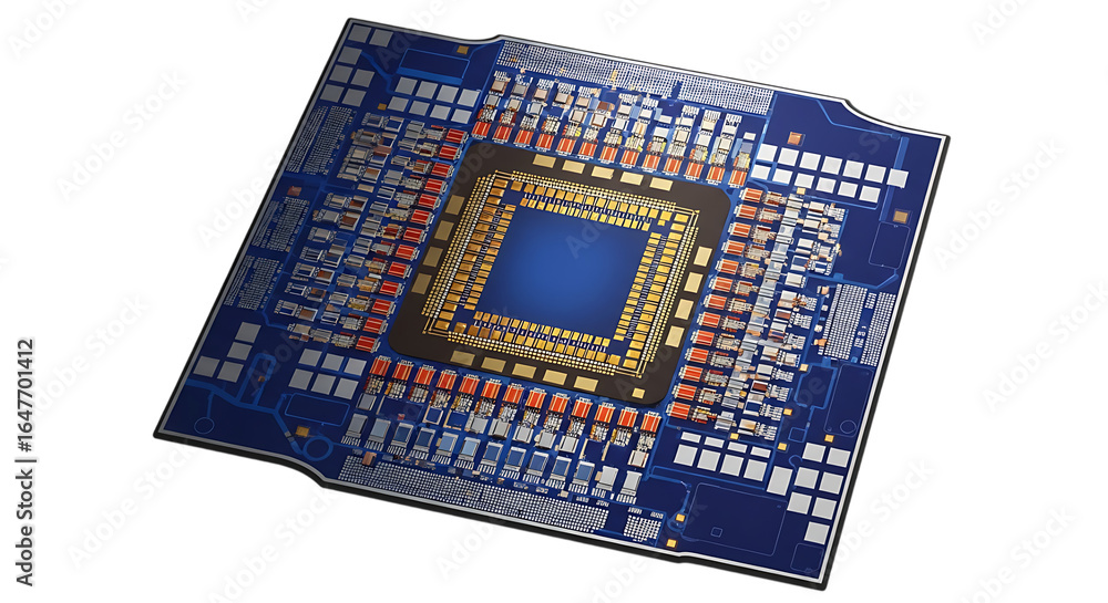 Poster microchip design isolated on transparent background showcasing intricate circuit patterns and connec