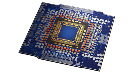 Microchip design isolated on transparent background showcasing intricate circuit patterns and connections