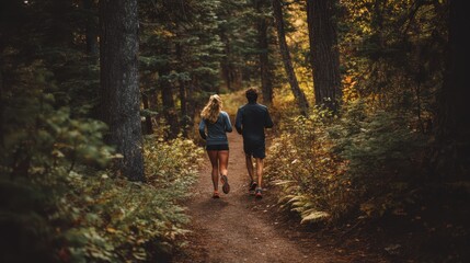 Fototapeta premium Sports enthusiasts running through autumn forest trail