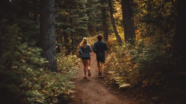 Sports enthusiasts running through autumn forest trail