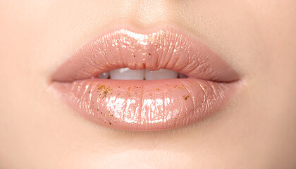 Fototapeta premium Glossy nude lips with subtle gold sparkle. Makeup and beauty concept.