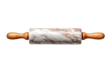 A marble rolling pin sits on a white background. The marble rolling pin is wooden and has a marble surface
