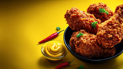 A bowl of fried chicken with mustard and chili peppers on a yellow background