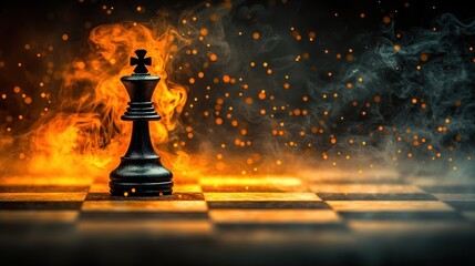 Black king chess piece in fiery, smoky scene