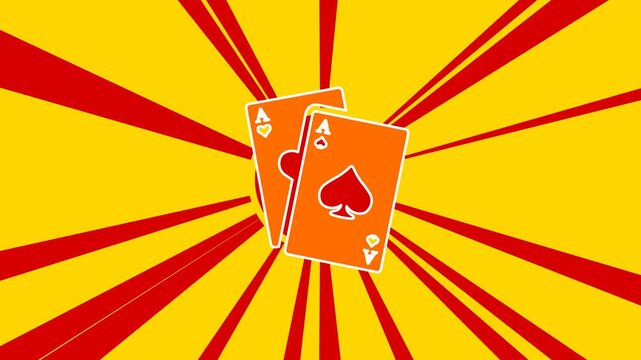 Two aces symbol on the background of animation from moving rays of the sun. Large orange symbol increases slightly. Seamless looped 4k animation on yellow background