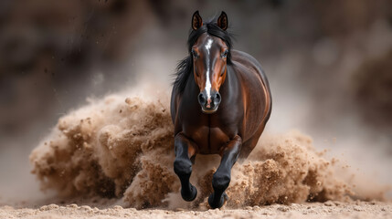 A brown horse running through the sand in the desert