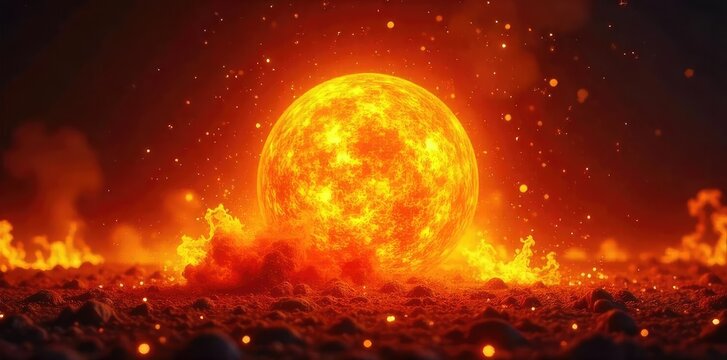 Fiery orange and yellow fireball explodes with intense heat and flames, engulfing the frame in a fiery spectacle , abstract, explosion, graphic