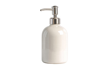 A white bottle with a silver top sits on a white background. The bottle is empty and has a silver cap