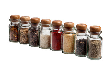 A row of glass jars with lids on a white background. The jars are filled with various spices
