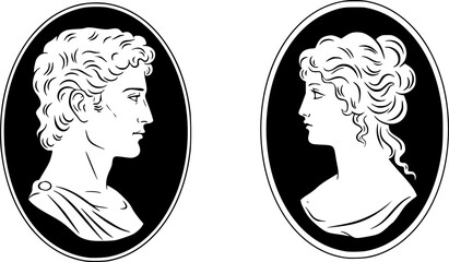 Vector silhouette set of cameo man and woman on white background