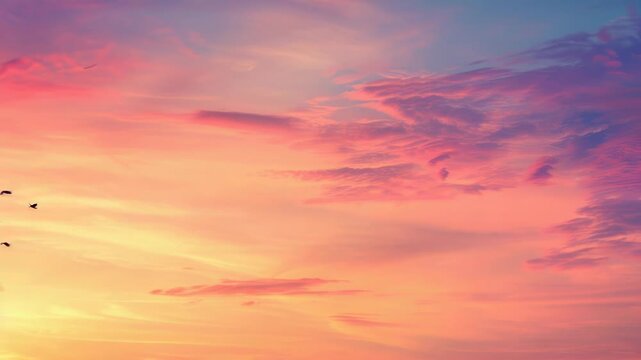 A flock of birds flying together in the sky at sunset, with warm orange and pink hues