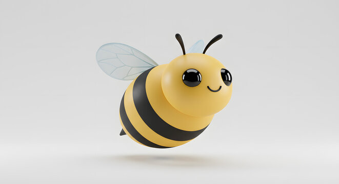 Charming 3D render of a cute cartoon bee character in flight. This lovable yellow insect mascot with big kawaii eyes is isolated on a simple background
