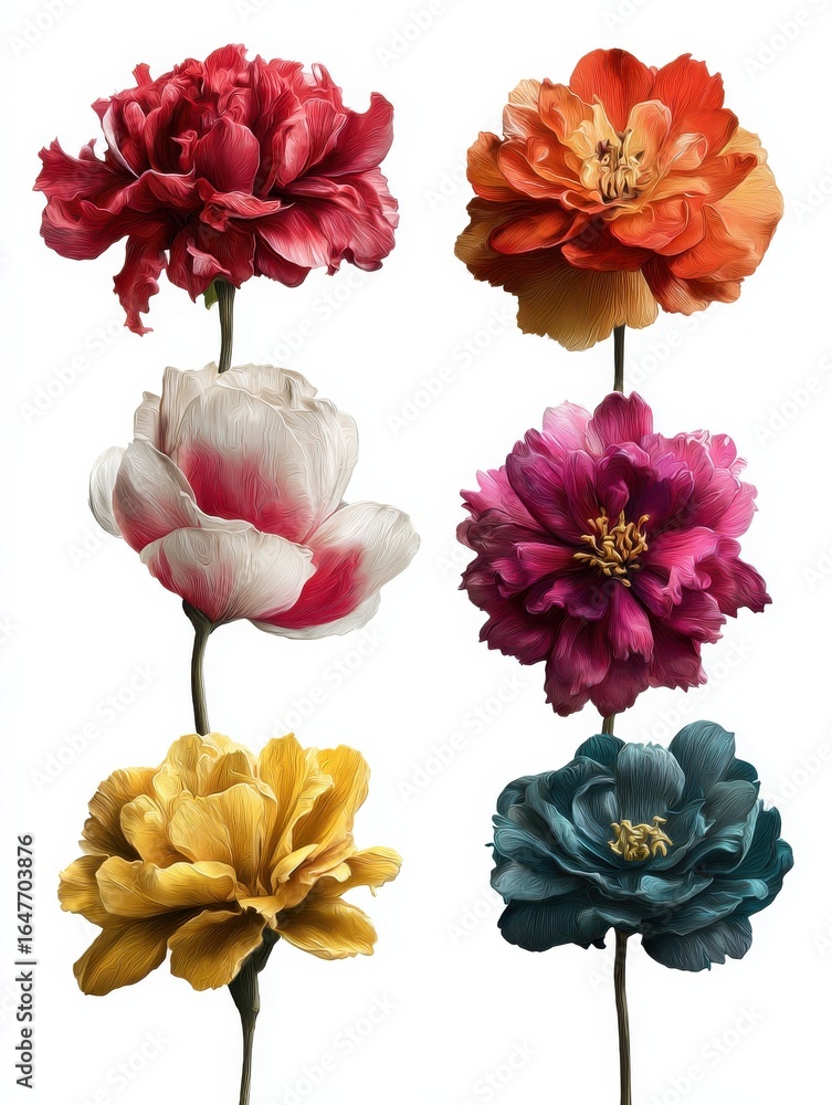 Poster a set of six different colored flowers on a white background suitable for various design projects