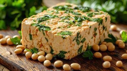Block of seasoned tofu on a rustic wooden board, surrounded by soybeans and fresh herbs
