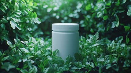 Blank white cylindrical container amidst lush greenery