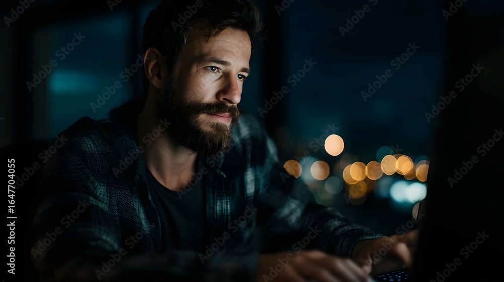 Poster focused man coding at night with multiple computer screens