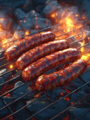 png grilled sausages on a barbecue grill in summer