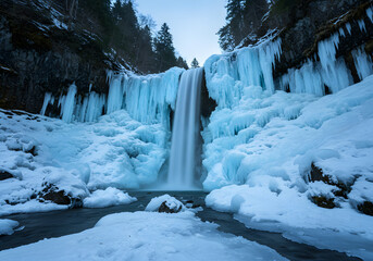 A waterfall cascades down a rocky cliff face, framed by icy formations and snow-covered banks in a winter landscape.