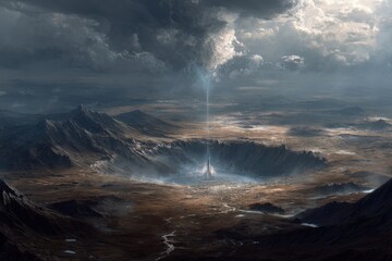 Fototapeta premium Dramatic Landscape with Tower and Light Beam in Crater Valley