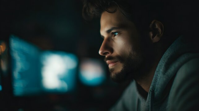 Focused programmer working late into the night at his workstation - Powered by Adobe