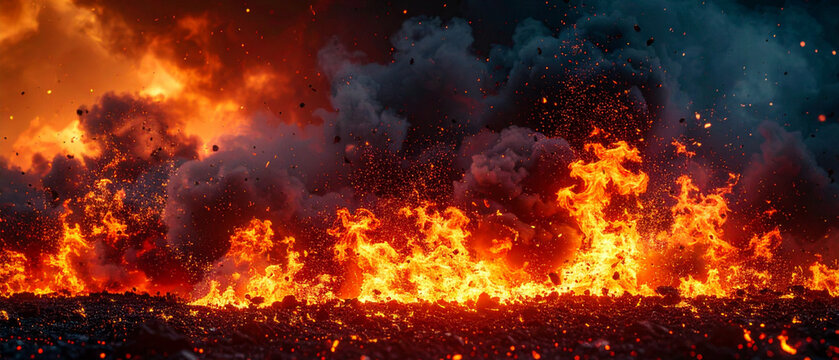 Cluster bomb explosion in modern warfare scenario. Huge explosion with fragments on air