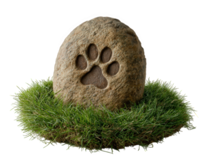 Pet grave stone with pawprint carved in natural rock, surrounded by green grass, symbolizing remembrance and love for lost animal companion, evoking peaceful, heartfelt mood
