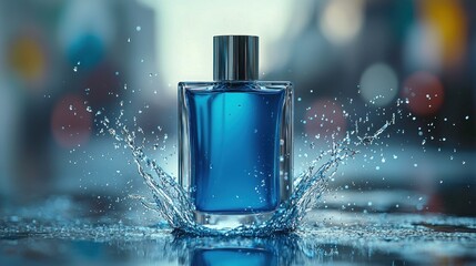 Blue perfume bottle, water splash