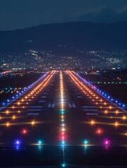 Fototapeta premium runway lights illuminating at night bright runway lights illuminating the path for incoming and outgoing cargo planes highlighting the critical role of lighting in ensuring safe and efficient night