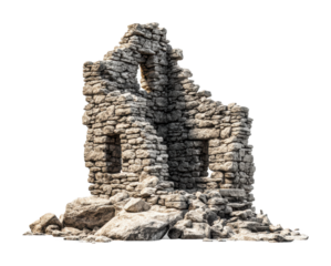 Ruined stone house abandoned location model isolated on transparent background
