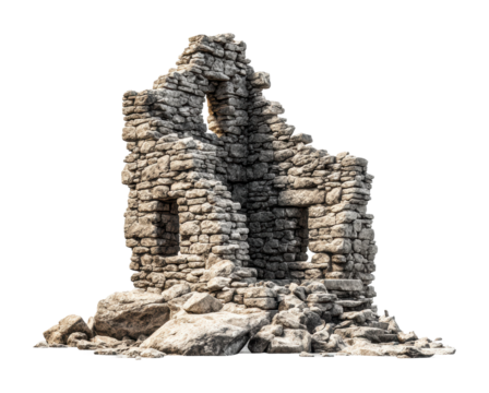 Ruined stone house abandoned location model isolated on transparent background