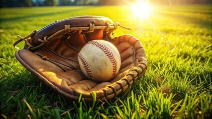 Golden Hour Baseball A well-worn leather glove rests gently on a lush green field, cradling a baseball, bathed in the warm glow of the setting sun.  A picturesque scene of summer sports and leisure.