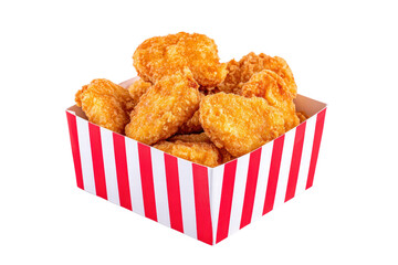 A box of chicken nuggets sits on a white background. The nuggets are golden brown and appear to be crispy. The box is red and white, and the nuggets are arranged in a neat row