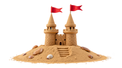 Detailed sandcastle with two towers and red flags, surrounded by seashells, evokes sense of summer fun and creativity